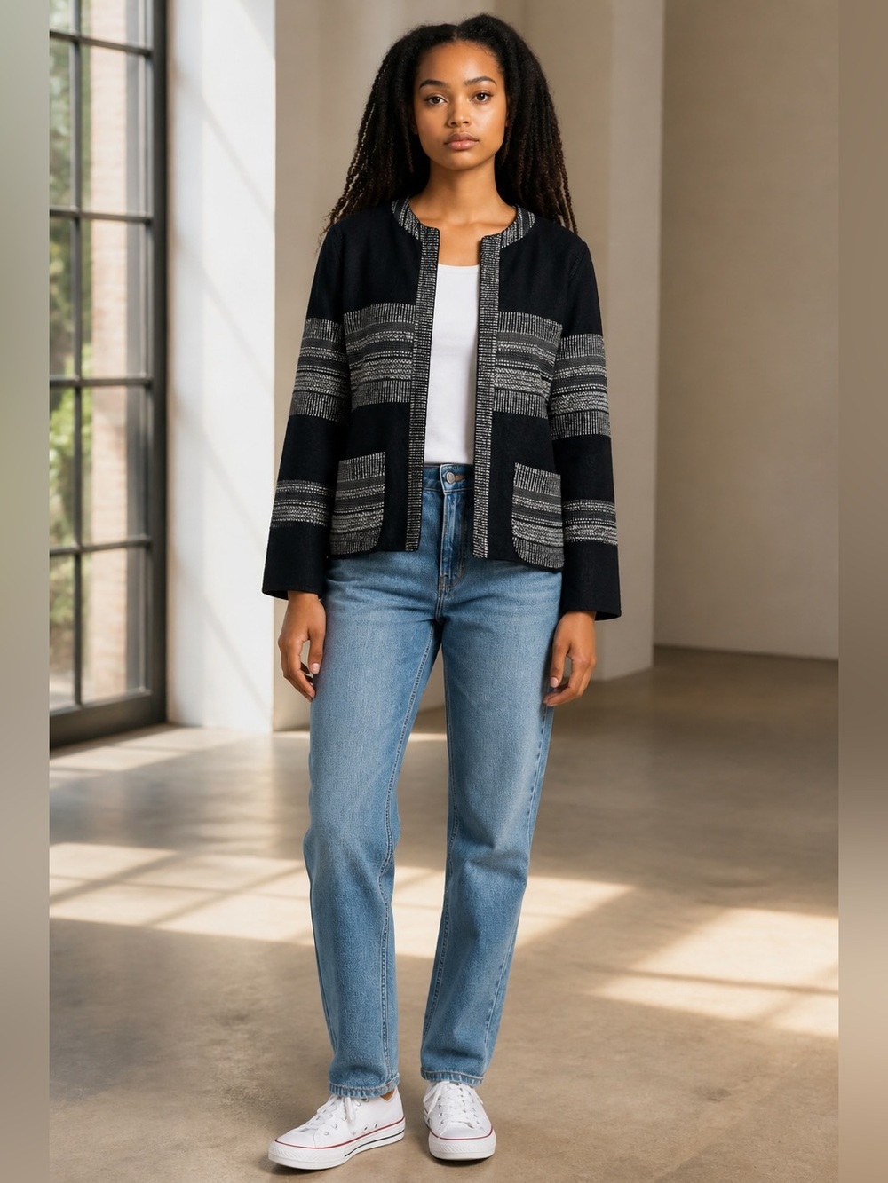 L'AGENCE Black and White Textured Open-Front Blazer